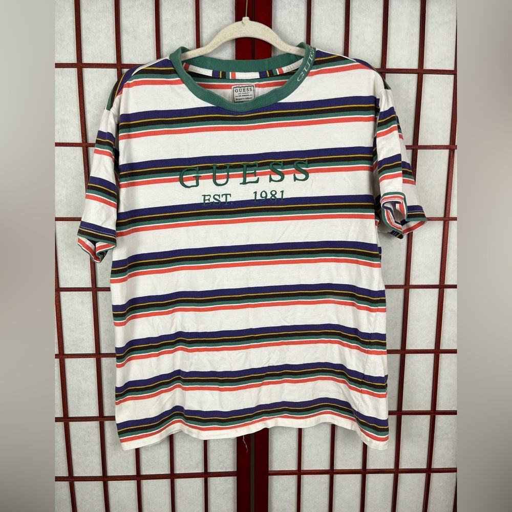 Guess Mens Multicolor Striped Retro Short Sleeve T Shirt